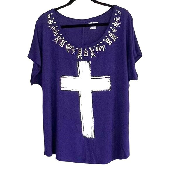 Lane Bryant Graphic Tee Purple Plus Size 18/20 Beaded Scoop Neck Cross Graphic - Picture 1 of 13